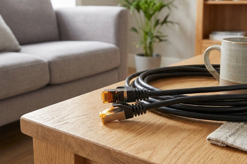 Na drewnianym stole leży zwinięty czarny kabel ethernetowy z dwoma złączami RJ-45. W tle widoczna jest szara sofa, roślina doniczkowa i kubek.