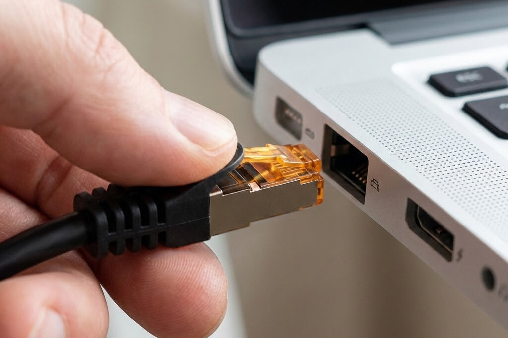 Osoba trzyma kabel ethernetowy z wtyczką RJ-45, zbliżając go do portu w laptopie. W tle widoczna jest część klawiatury i obudowy laptopa.