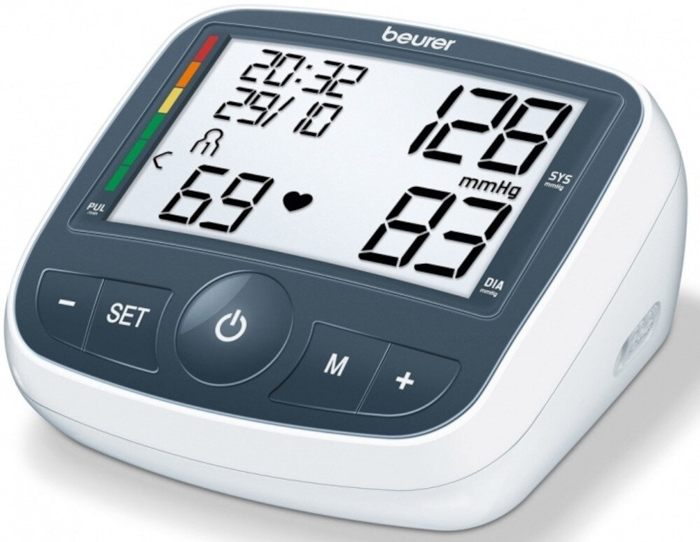 Ciśnieniomierz BEURER BM 40 Biało-szary + zasilacz Wskaźniki zgodne z normami WHO  kolorowe oznaczenia interpretacja wyników