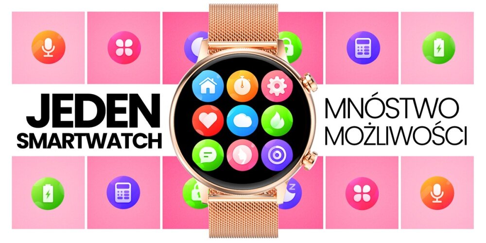 Smartwatch MANTA Alexa mini ekran bateria czujniki zdrowie sport pasek ładowanie pojemność rozdzielczość łączność sterowanie krew puls rozmowy smartfon aplikacja