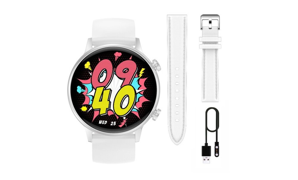 Smartwatch MANTA Alexa mini ekran bateria czujniki zdrowie sport pasek ładowanie pojemność rozdzielczość łączność sterowanie krew puls rozmowy smartfon aplikacja