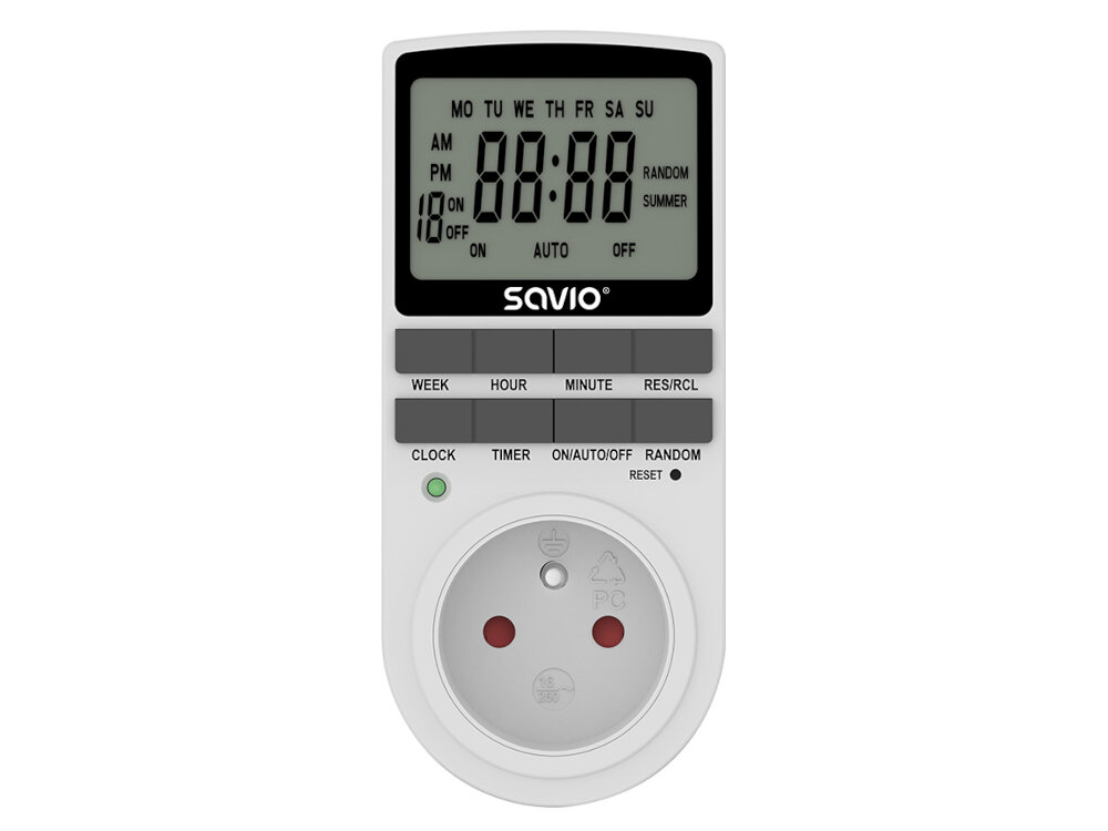Programator czasowy SAVIO AE-03 innowacyjny wyswietlacz LCD optymalizacja zuzycia energii planowanie pracy urzadzen elektrycznych liczne funkcje wysoka precyzja dlugotrwala rezerwa zasilania oszczednosc komfort uzytkowania