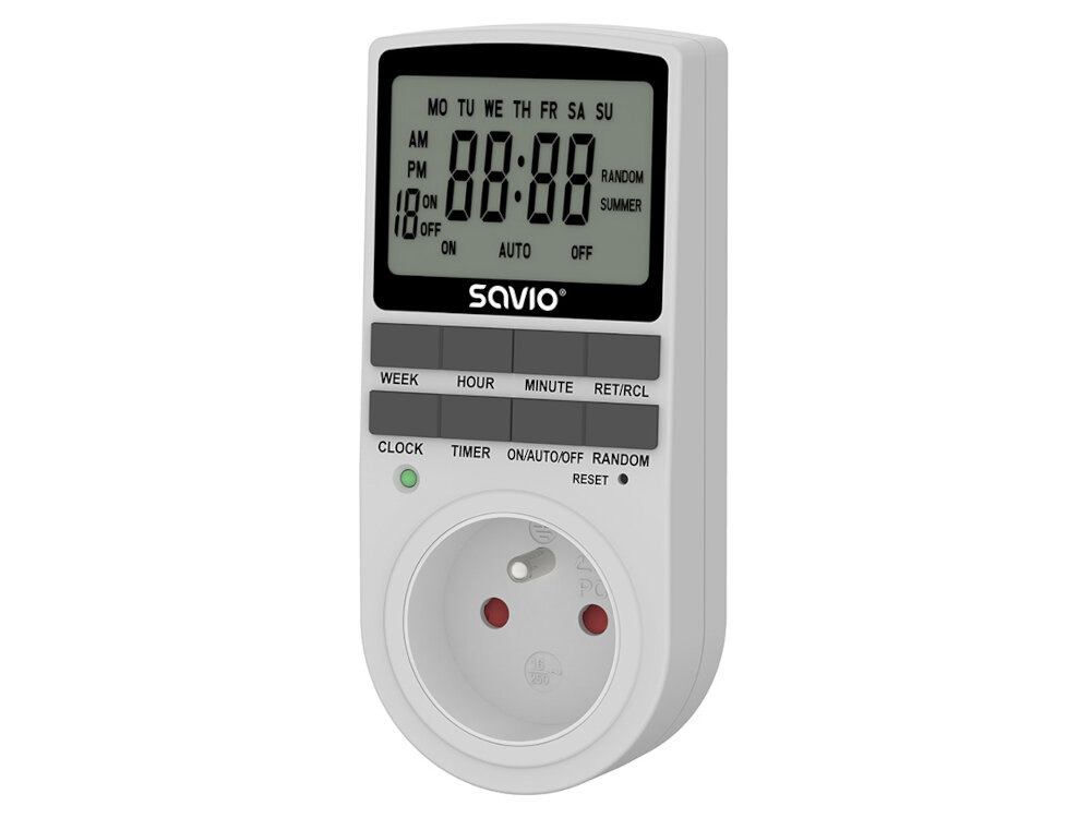 Programator czasowy SAVIO AE-03 ustawienie odpowiedniej temperatury w domu losowe wylaczanie i wlaczanie urzadzen elektrycznych symulacja obecnosci w domu wieksze bezpieczenstwo dodatkowa warstwa ochrony