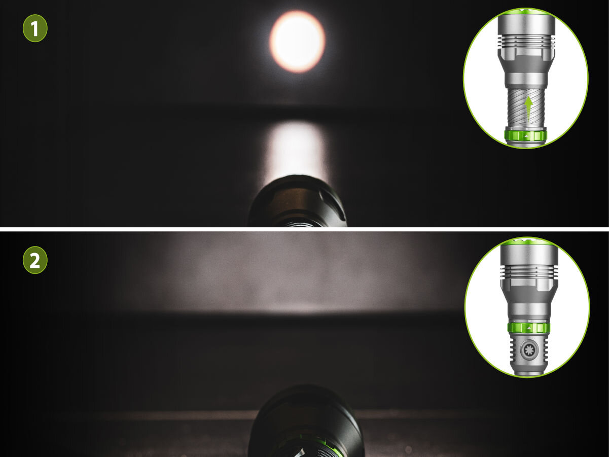 Latarka taktyczna VAYOX VA0363, Moc i precyzyjne światło, Wizualizacja zastosowania światła latarki w trybie rozproszonego oraz skupionego