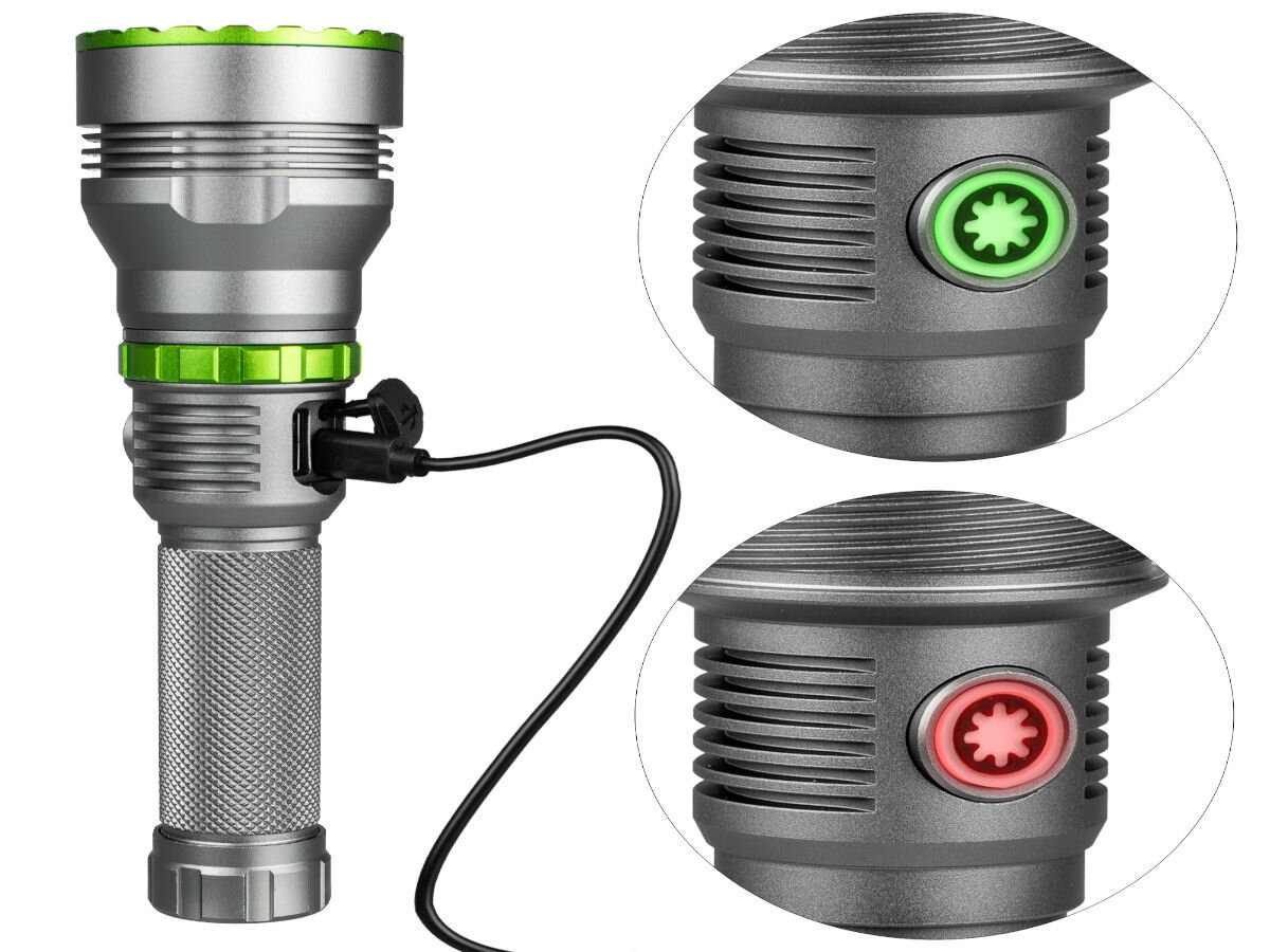 Latarka taktyczna VAYOX VA0363, Latarka i awaryjny powerbank, Wizualizacja latarki stojącej pionowo z wpiętym kablem usb, obok wizualizacja diody LED ze wskaźnikiem czerwonym i zielonym w kwestii naładowania