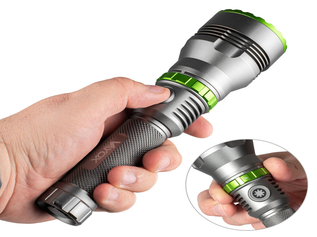 Latarka taktyczna VAYOX VA0363, Prosta obsługa i 5 trybów, Na zdjęciu wizualizacja obsługi pokrętła i przycisku latarki