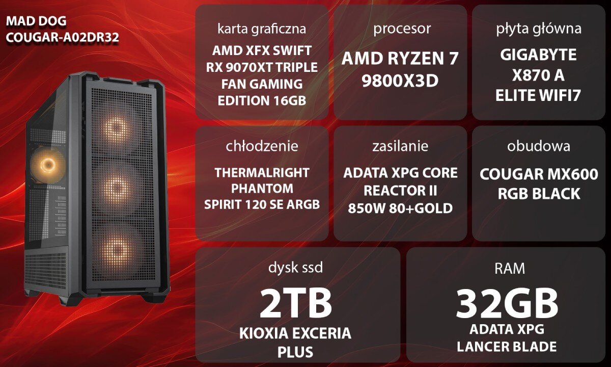 Komputer MAD DOG COUGAR-A02DR32 Kobieta w słuchawkach siedzi przy biurku i gra na komputerze. Monitor oraz klawiatura mają podświetlenie RGB. W tle obudowa komputera widoczna obok monitora z podświetlonym wnętrzem, opis