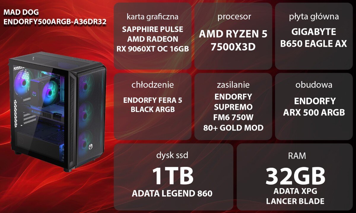 Komputer MAD DOG ENDORFY500ARGB-A36DR32 Widok od boku, kobieta w słuchawkach gamingowych siedząca przy biurku grająca w grę, w tle komputer wygląd opis