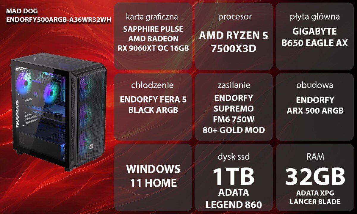 Komputer MAD DOG ENDORFY500ARGB-A36WR32WH Widok od boku, kobieta w słuchawkach gamingowych siedząca przy biurku grająca w grę, w tle komputer wygląd opis