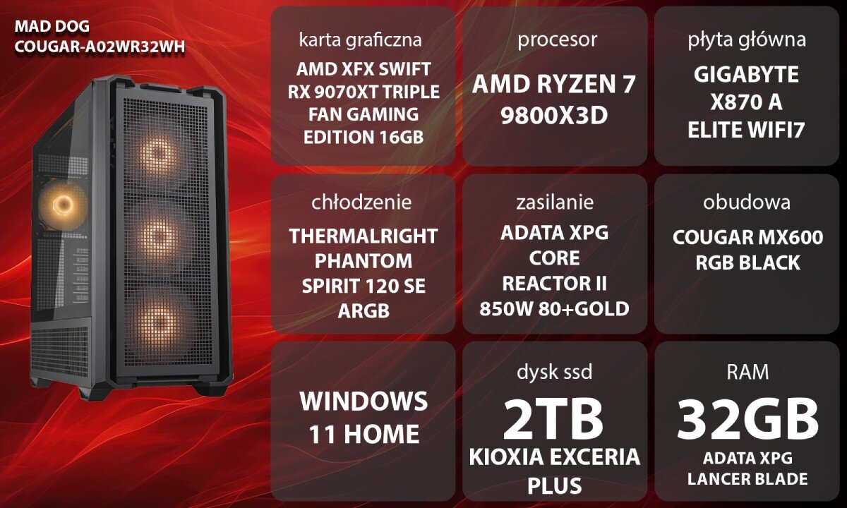 Komputer MAD DOG COUGAR-A02WR32WH Kobieta w słuchawkach siedzi przy biurku i gra na komputerze. Monitor oraz klawiatura mają podświetlenie RGB. W tle obudowa komputera widoczna obok monitora z podświetlonym wnętrzem, opis