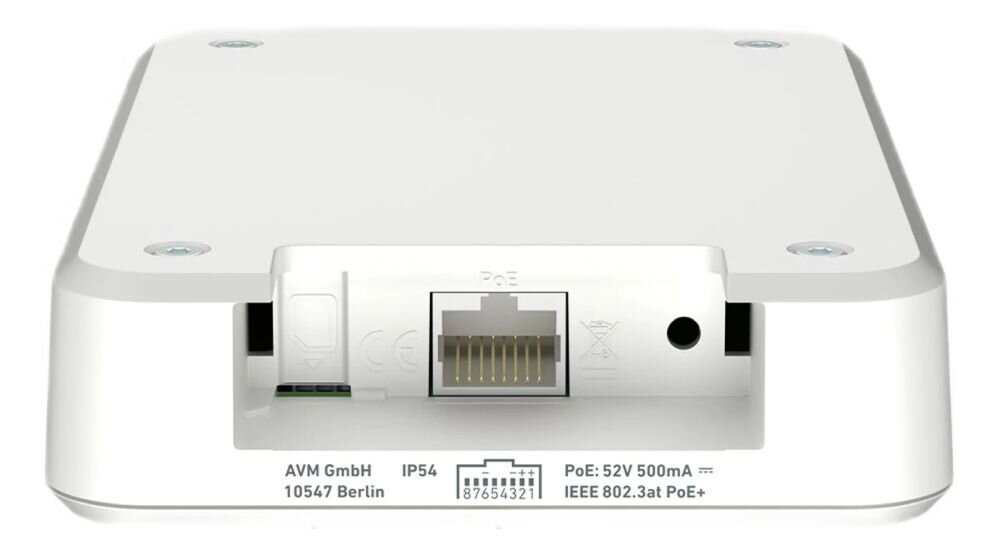 Repeater FRITZ!Box z portem PoE prezentuje złącze sieciowe Ethernet na jasnym tle produktowym