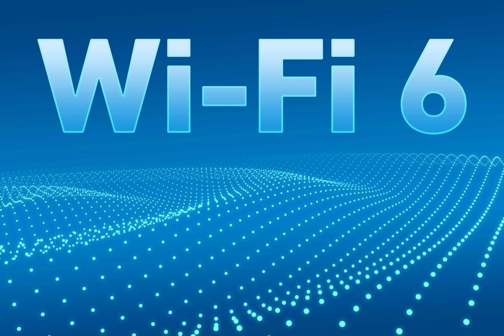 Grafika Wi‑Fi 6 prezentuje technologię bezprzewodową FRITZ!Box na niebieskim tle z wizualizacją transmisji danych