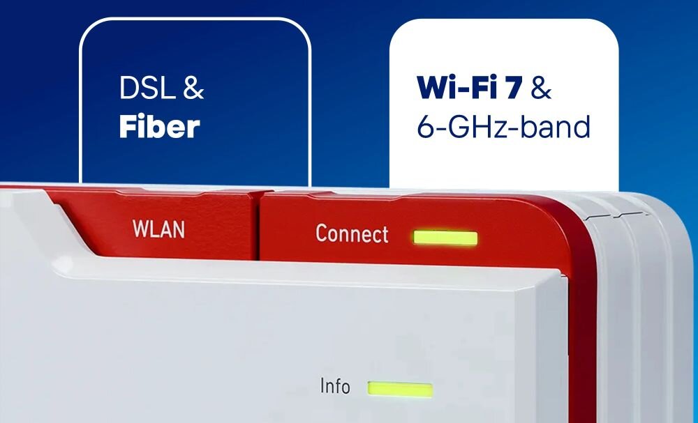 Router FRITZ!Box z Wi‑Fi 7 i obsługą światłowodu prezentuje obudowę na grafice informującej o łączności DSL i Fiber