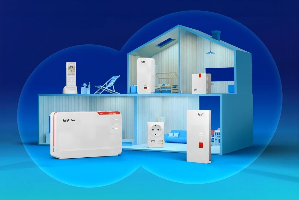 Router FRITZ!Box z Wi‑Fi 7 i obsługą światłowodu prezentuje obudowę na grafice informującej o łączności DSL i Fiber