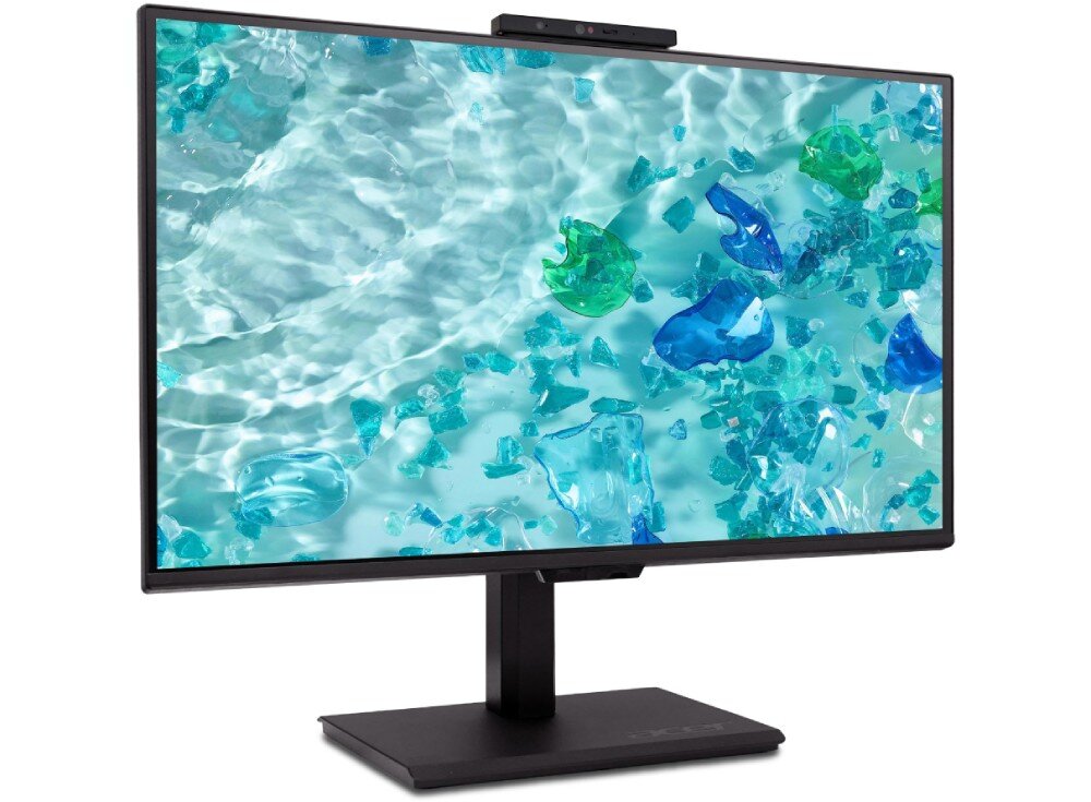 Monitor ACER B278UG Monitor z kamerą internetową na górze, skierowany na wprost, wyświetlający abstrakcyjne niebiesko-zielone wzory na jasnym tle, na gładkiej białej powierzchni, przekątna, funkcje, przeznaczenie