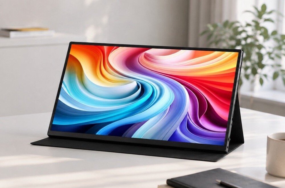 Monitor ACER PM161QT Przenośny monitor z kolorową grafiką na ekranie stoi na jasnym biurku, podparty z tyłu rozłożonym etui ochronnym