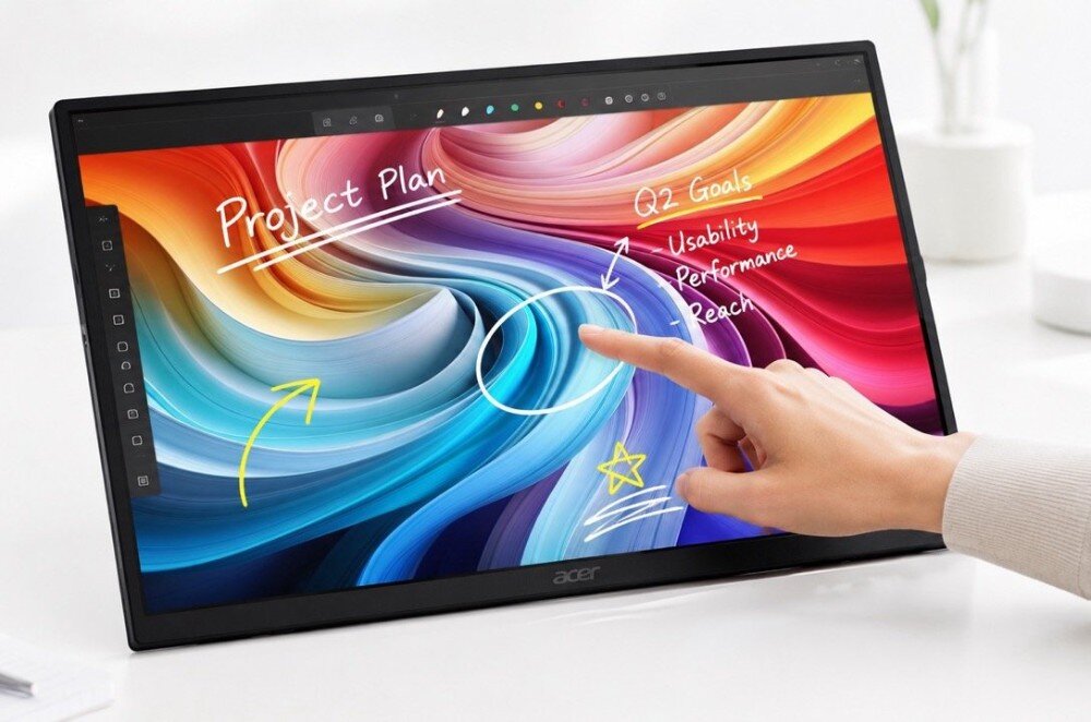 Monitor ACER PM161QT Ludzka dłoń dotyka palcem wskazującym powierzchni ekranu monitora, na którym wyświetla się kolorowy panel z odręcznymi napisami 'Project Plan'