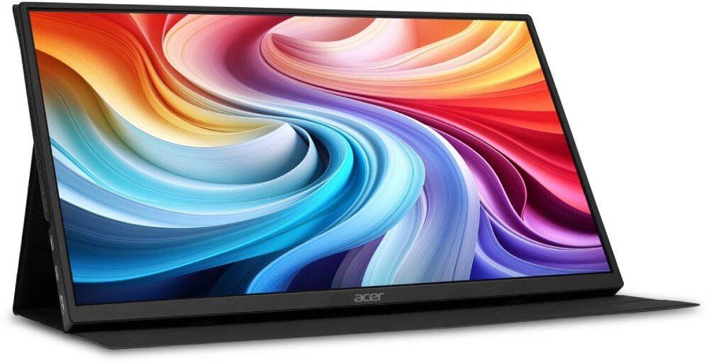 Monitor ACER PM161QT Przenośny monitor z barwną tapetą na wyświetlaczu i widocznymi portami na bocznej krawędzi, ustawiony pod kątem na płaskim podłożu