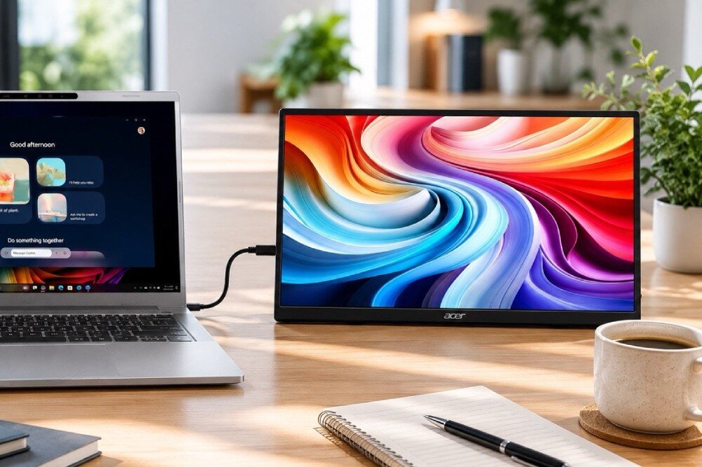 Monitor ACER PM161QT Przenośny monitor podłączony przewodem do otwartego laptopa leży na drewnianym biurku w jasnym pokoju obok kubka z kawą i notesu