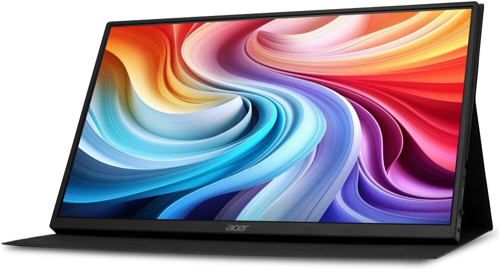 Monitor ACER PM161QT Monitor przenośny z wyświetloną abstrakcyjną, kolorową grafiką sfotografowany pod lekkim kątem od przodu na białym tle