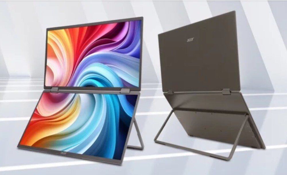 Monitor ACER PD163QT Dwa połączone ze sobą pionowo ekrany oparte na rozkładanej podpórce pokazane od przodu z kolorową grafiką oraz od tyłu z widocznym logo marki