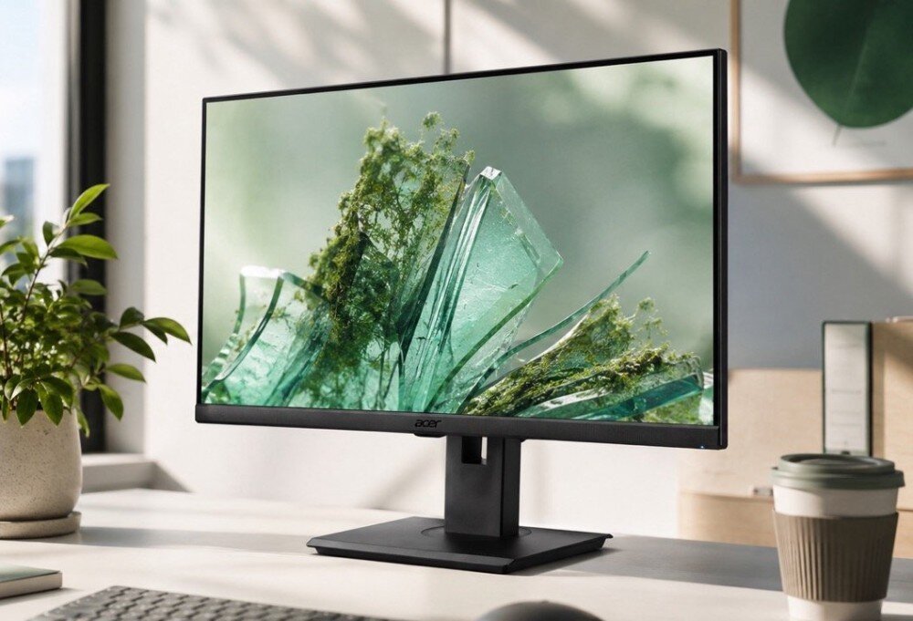 Monitor ACER Vero B7 B277GBMIPRZX Monitor na biurku obok rośliny doniczkowej i kubka, wyświetlający grafikę z zielonymi, ostrymi strukturami przypominającymi kryształy lub szkło