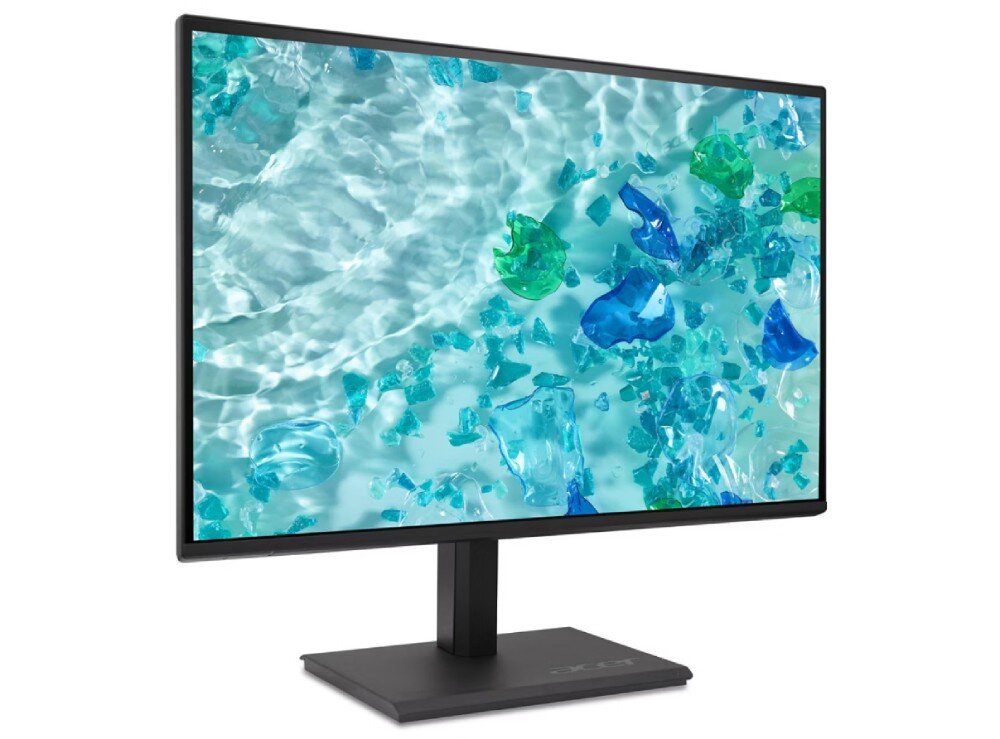 Monitor ACER Vero B7 B277GBMIPRZX Monitor ustawiony pod kątem na białym tle, wyświetlający grafikę z błękitną wodą i rozrzuconymi kawałkami potłuczonego szkła