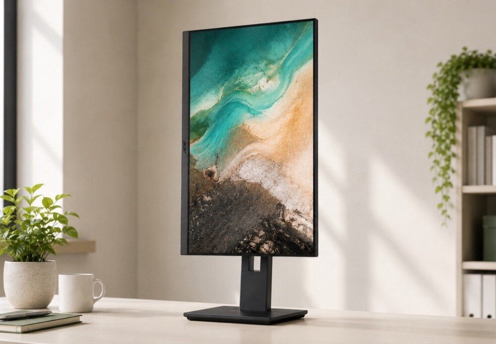 Monitor ACER Vero B7 B277GBMIPRZX Pionowo ustawiony monitor na biurku w jasnym pokoju, wyświetlający grafikę przedstawiającą spienioną wodę oraz piaszczysty brzeg