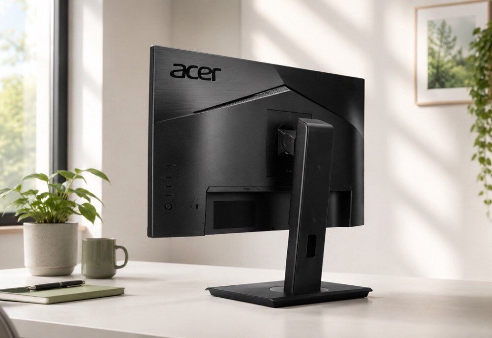 Monitor ACER Vero B7 B277GBMIPRZX Widok na tył monitora stojącego na biurku, ukazujący konstrukcję obudowy, regulowaną nogę stojaka oraz pionowy rząd przycisków sterujących