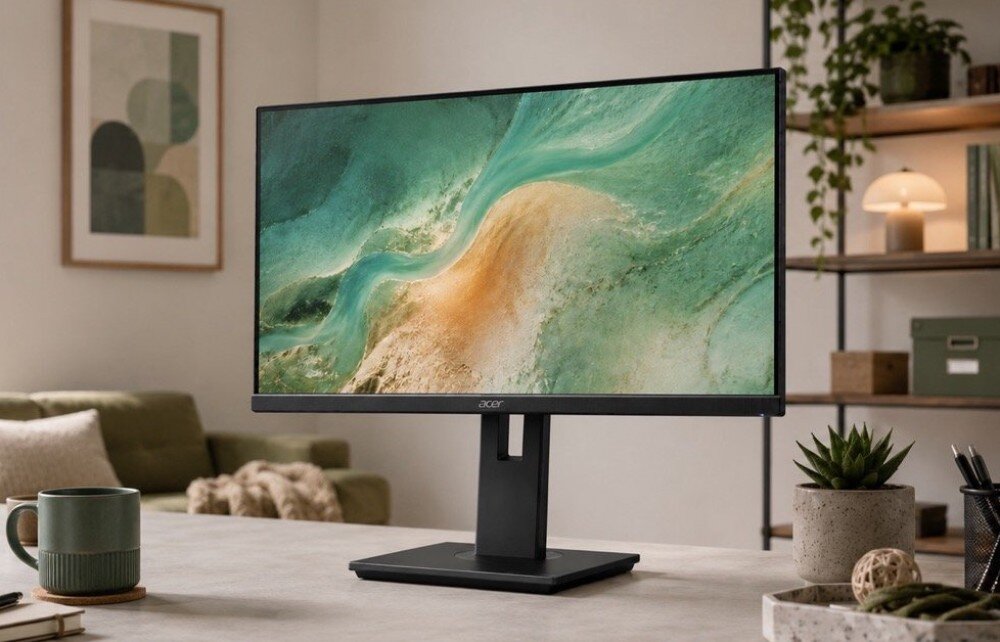 Monitor ACER Vero B7 B277GBMIPRZX Monitor stojący na jasnym stole w przytulnym pokoju obok kubka i doniczki, wyświetlający grafikę z motywem spienionej wody i piasku