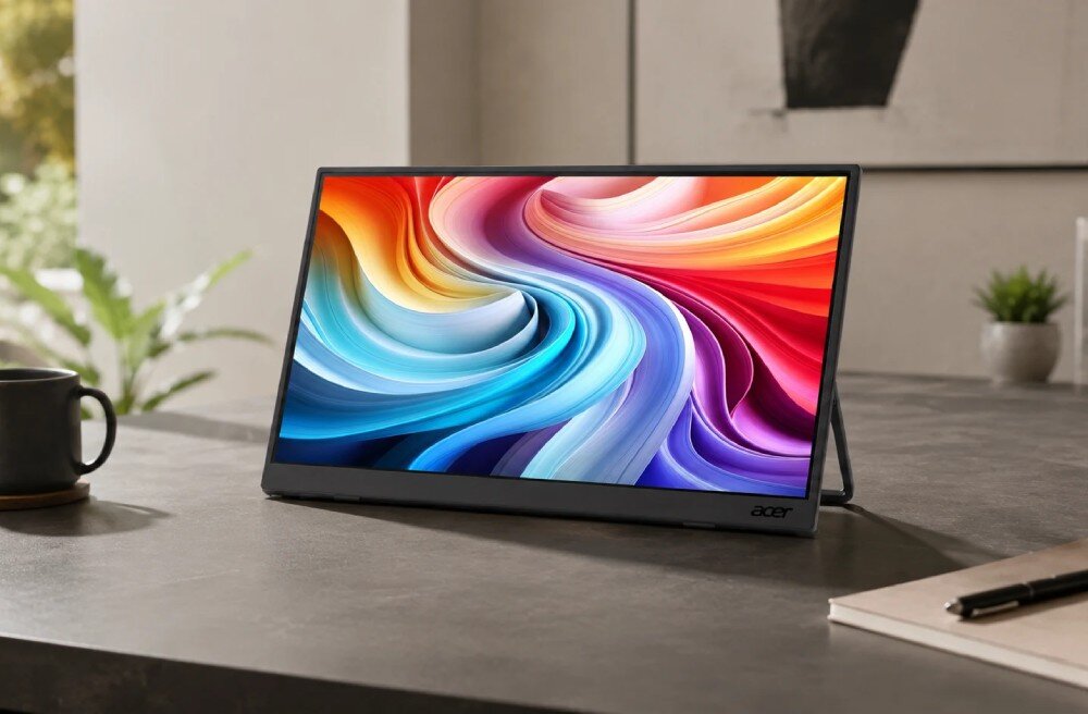 Monitor ACER PM191QEBMIUUX Przenośny monitor ze złożoną podstawką stojący na biurku, wyświetlający kolorową, falistą grafikę, obok kubka i notatnika