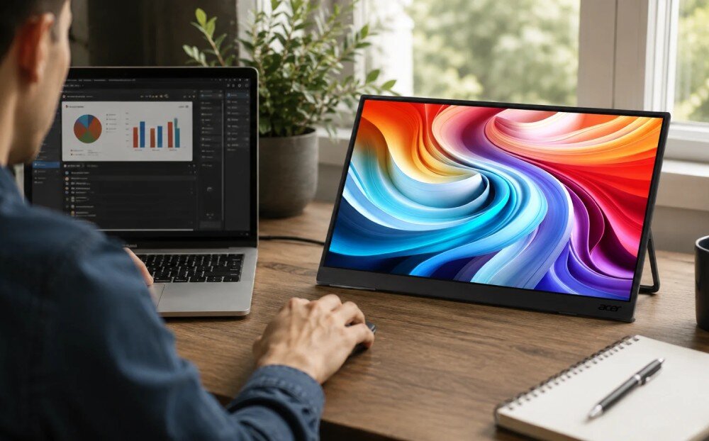 Monitor ACER PM191QEBMIUUX Przenośny monitor ustawiony na biurku obok laptopa z wykresami, używany przez osobę pracującą przy dębowym blacie