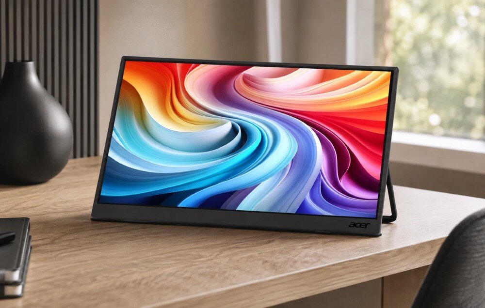 Monitor ACER PM191QEBMIUUX Monitor przenośny na podstawce ustawiony na drewnianym stole w jasnym pomieszczeniu, z wazonem w tle