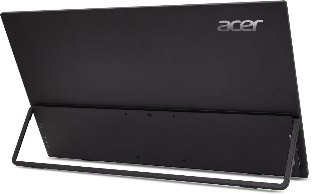 Monitor ACER PM191QEBMIUUX Tył przenośnego monitora z rozłożoną metalową podstawką, widocznymi portami oraz logo na tylnej obudowie
