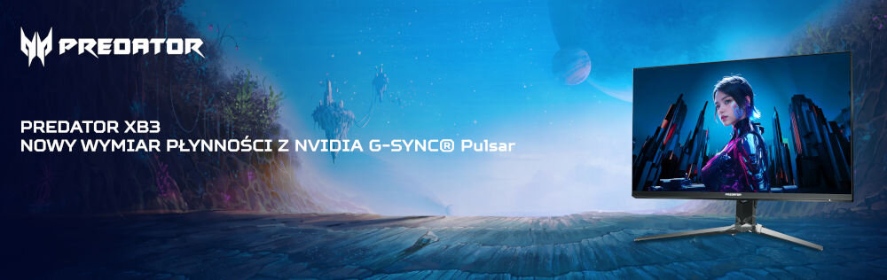 Monitor ACER Predator XB3 XB273UF5BMIIPRZX 27 cali 2560x1440px IPS 360Hz 1 ms [GTG]  prezentacja monitora na ekranie kobieta z budynkami monitor na tle skał nieba i latających wysp