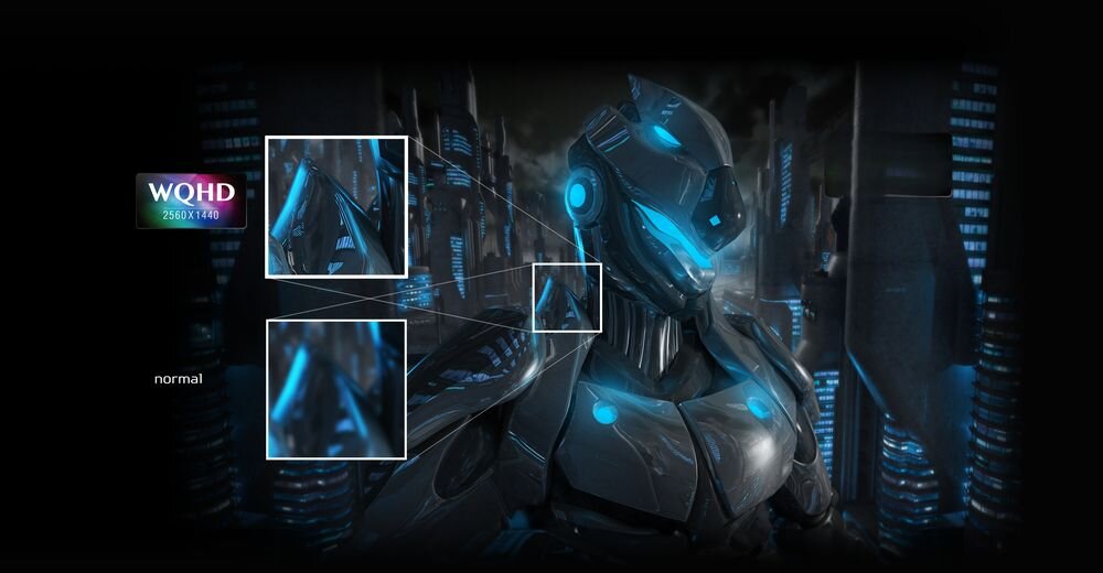 Monitor ACER Predator XB3 XB273UF5BMIIPRZX 27 cali 2560x1440px IPS 360Hz 1 ms [GTG]  porównanie rozdzielczości robot na tle budynków cale IPS rozdzielczość duża szczegółowość szerokie kąty widzenia Dual Format Mode zmiana obszaru wyświetlania