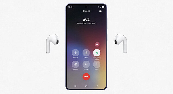 Białe Buds4 wokół Galaxy Tab; smartfon z „Ava” dzwoni, połączenie przez Bluetooth; Tab wraca, pokazując auto-przełączanie. Na obrazie widoczny jest smartfon z ekranem wyświetlającym interfejs połączenia telefonicznego z napisem \'AVA Mobile 012-3456-7890\'. Po obu stronach telefonu znajdują się białe słuchawki douszne.