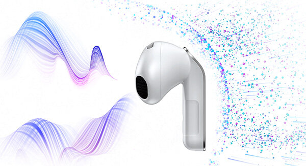 Biała słuchawka Galaxy Buds4; linie wchodzą z lewej, a oddzielone kropki po prawej pokazują ANC. Na obrazie widoczna jest biała słuchawka douszna na tle kolorowych fal i kropek. Słuchawka ma nowoczesny design z czarnym elementem na przodzie.