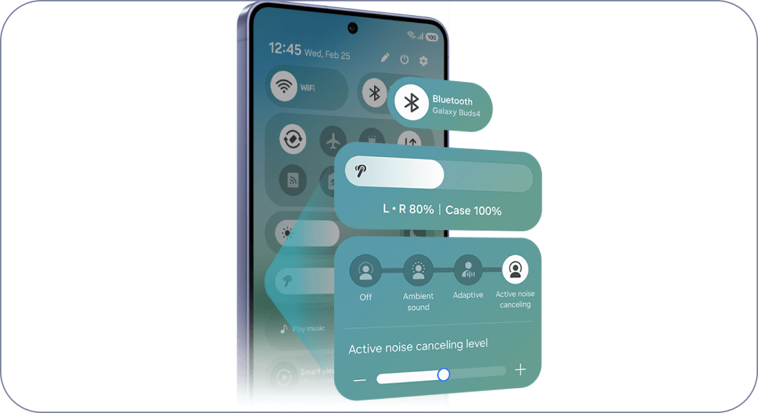 Galaxy z panelem szybkiego dostępu One UI 8.5; widać Bluetooth, głośność i redukcję szumów. Na ekranie smartfona widoczne są powiadomienia dotyczące słuchawek Bluetooth Galaxy Buds4, w tym poziom naładowania baterii oraz ustawienia dźwięku. Widoczny jest również suwak do regulacji poziomu aktywnej redukcji szumów.