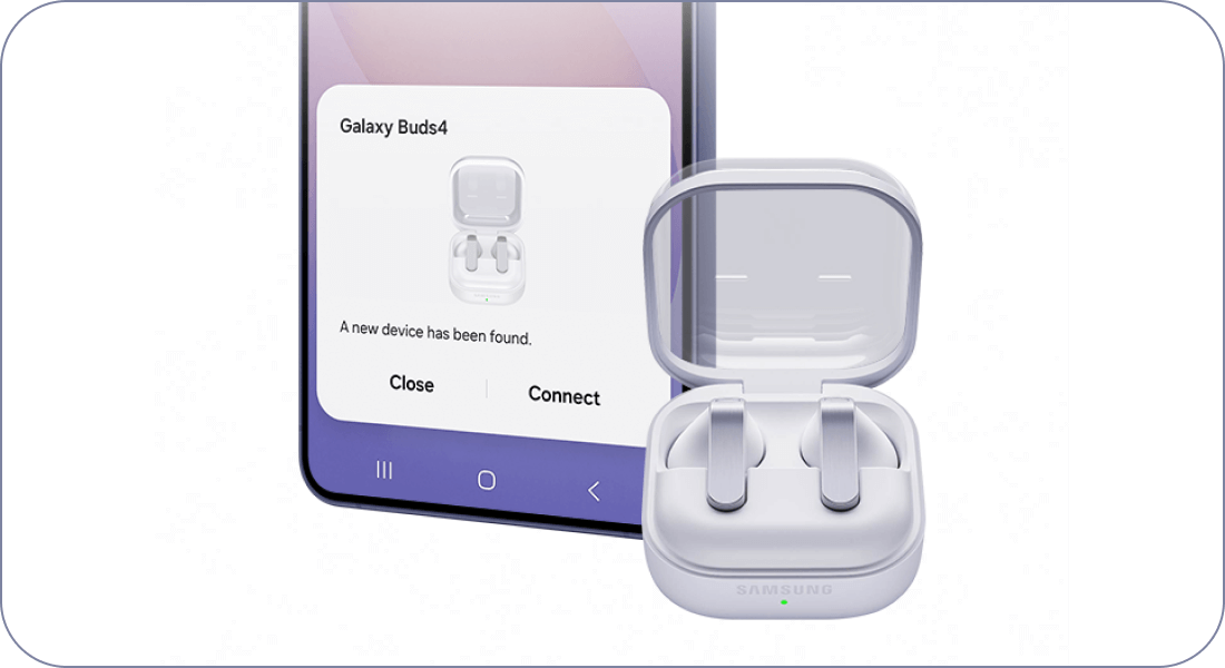 Galaxy z okienkiem „Nowe urządzenie” na ekranie; po prawej białe Buds4 w otwartym etui, gotowe do połączenia. Na obrazie widoczny jest smartfon z komunikatem \'Galaxy Buds4 A new device has been found. Close Connect\' oraz otwarte etui z słuchawkami bezprzewodowymi marki SAMSUNG.