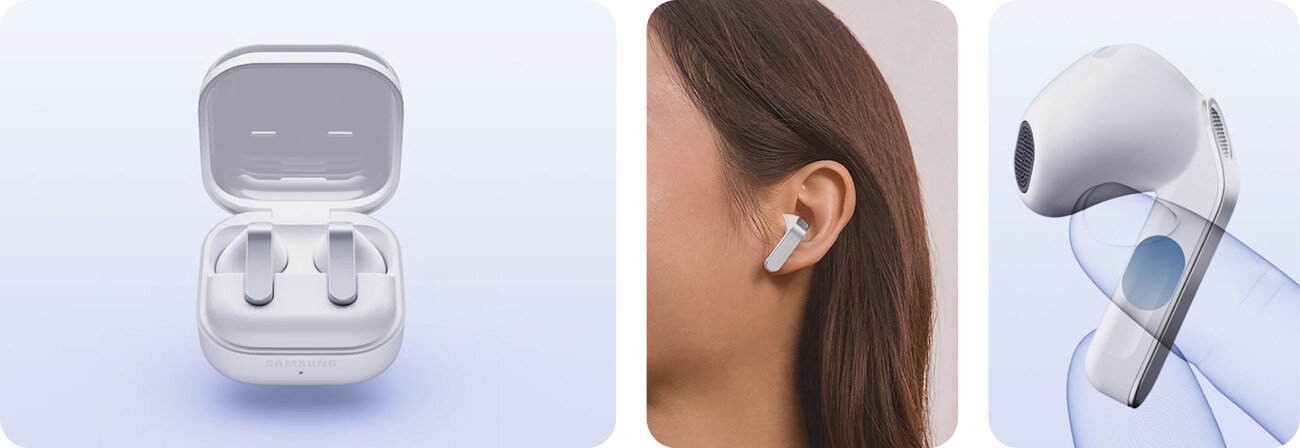łuchawki Samsung Galaxy Buds w etui, na uchu oraz zbliżenie na słuchawkę z funkcją dotykową. Obraz przedstawia trzy ujęcia białych słuchawek dousznych. Pierwsze ujęcie pokazuje słuchawki w otwartym etui, drugie słuchawkę w uchu osoby, a trzecie zbliżenie na pojedynczą słuchawkę.