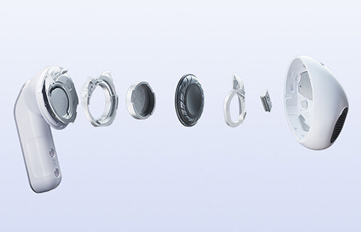 Widok budowy wewnętrznej pojedynczej słuchawki Galaxy Buds4, pokazujący części słuchawki, w tym głośnik niskotonowy.