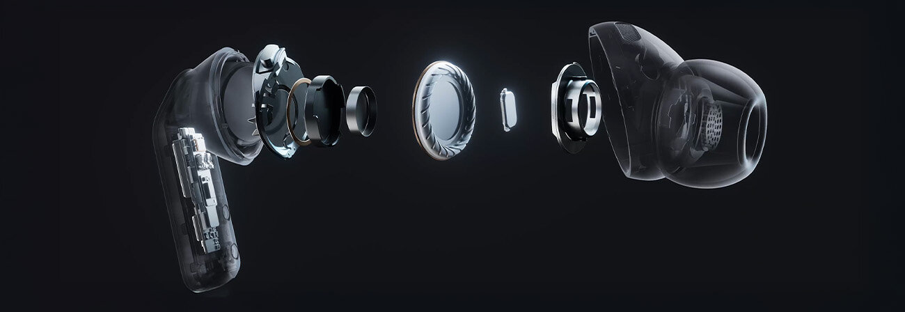 Widok budowy wewnętrznej pojedynczej słuchawki Galaxy Buds4Pro, pokazujący części słuchawki, w tym głośnik niskotonowy.