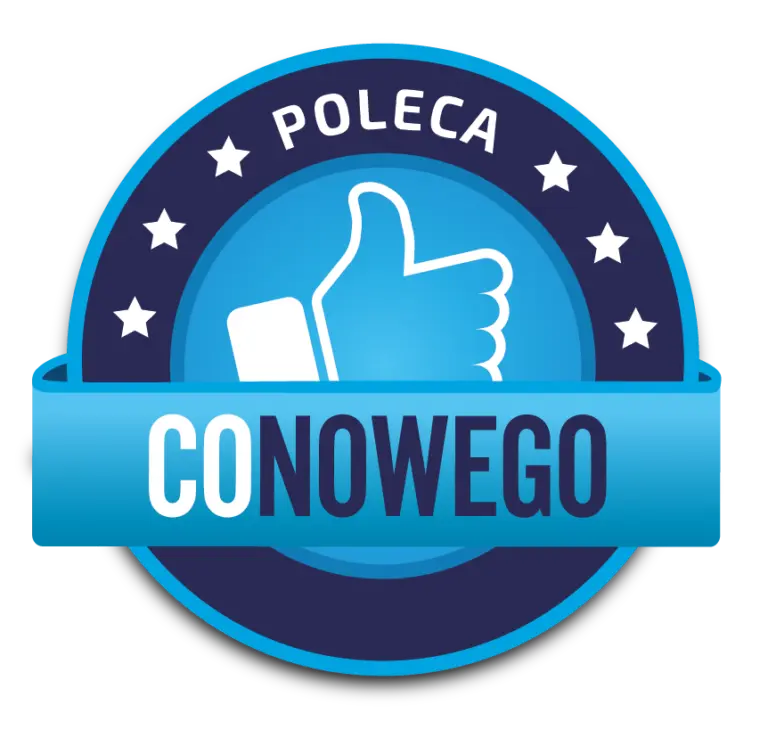 Logo Poleca Co Nowego Niebieska odznaka z białym kciukiem uniesionym do góry, otoczona gwiazdami. Na odznace widnieje tekst: \'POLECA CONOWEGO\'.