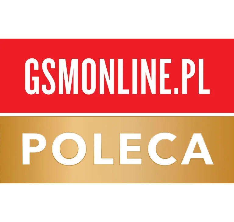 Logo GSMONLINE Obraz przedstawia dwa prostokątne pola z tekstem. Górne pole jest czerwone z białym napisem \'GSMONLINE.PL\', a dolne złote z białym napisem \'POLECA\'.
