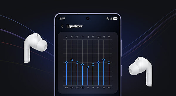 Smartfon Galaxy z włączonym „Korektorem” między parą białych Galaxy Buds4Pro. Na obrazie widoczny jest ekran smartfona z aplikacją Equalizer, pokazującą wykres z różnymi poziomami częstotliwości. Po obu stronach telefonu znajdują się białe słuchawki dokanałowe.