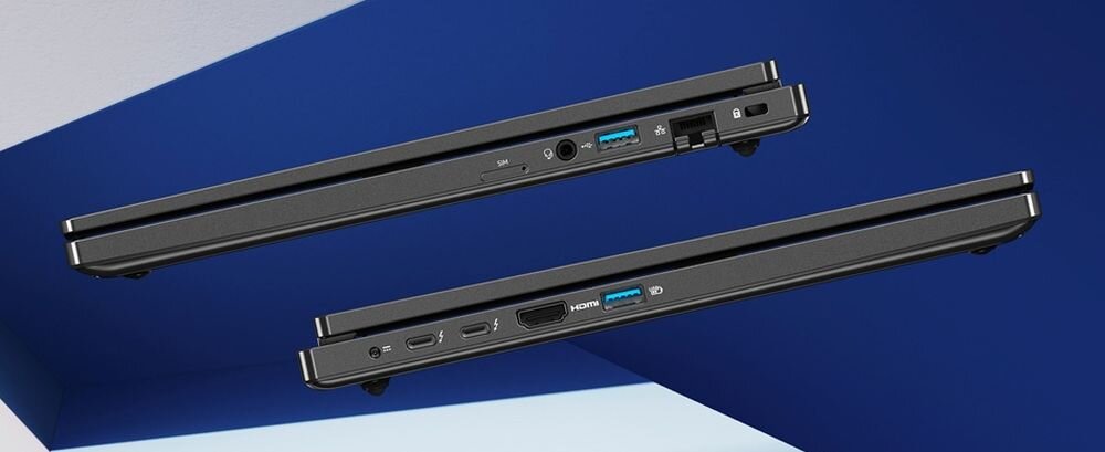 Obraz przedstawia dwa laptopy w pozycji zamkniętej, ukazujące różne porty na bokach obudowy. Widoczne są porty USB, HDMI, Ethernet oraz gniazdo audio.