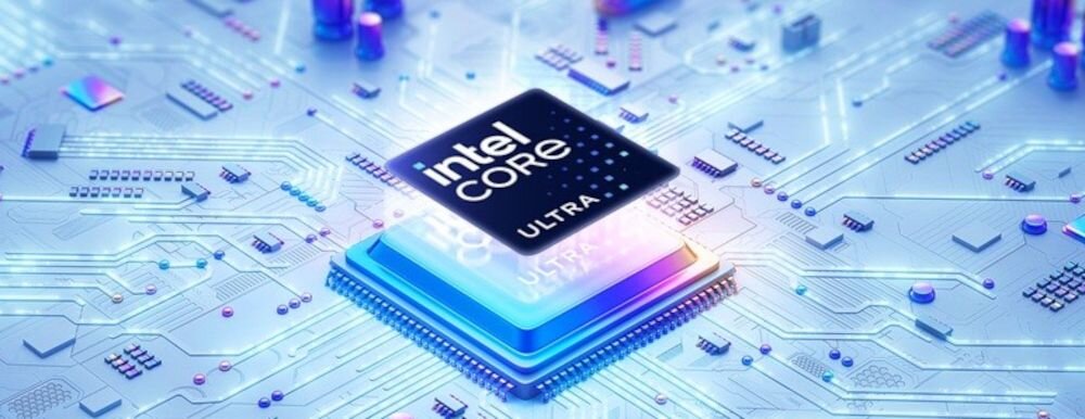 Obraz przedstawia stylizowany układ scalony z widocznym napisem \'intel CORE ULTRA\' na tle schematu elektronicznego z niebieskimi i fioletowymi akcentami świetlnymi.