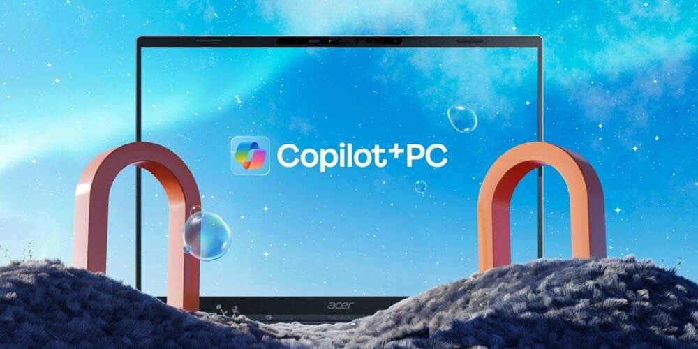 Obraz przedstawia ekran laptopa z napisem \'Copilot+PC\' na tle nieba z chmurami i bańkami. Na dole ekranu widoczne jest logo \'acer\'.