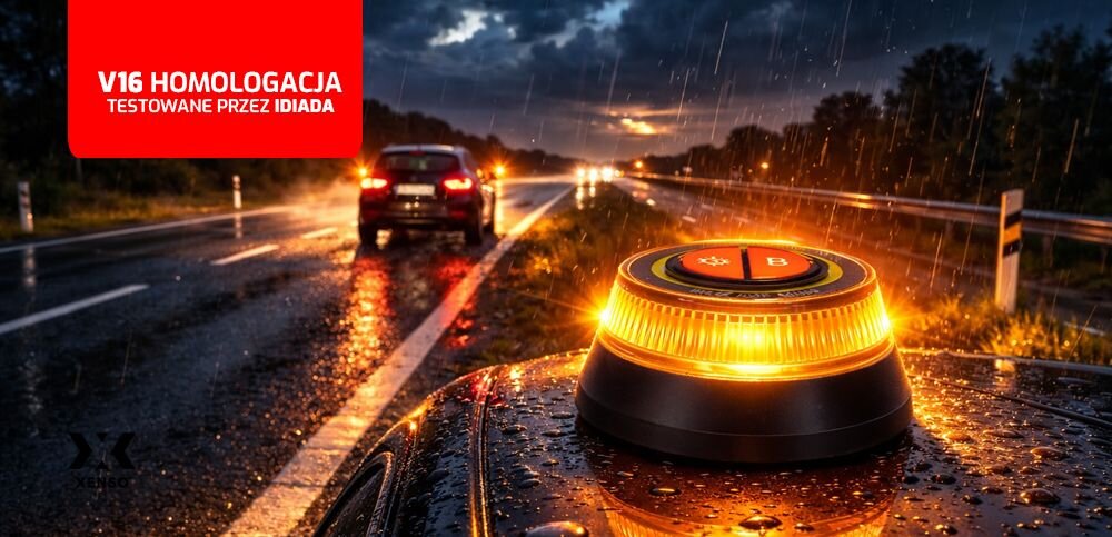 XENSO FR360 XENSO FR360 homologację typu V16 laboratorium badawcze IDIADA lamp ostrzegawczych Standard V16 dodatkowe źródło sygnalizacji świetlnej procesie badawczym - lampa przyczepiona do auta z alarmowym sygnałem